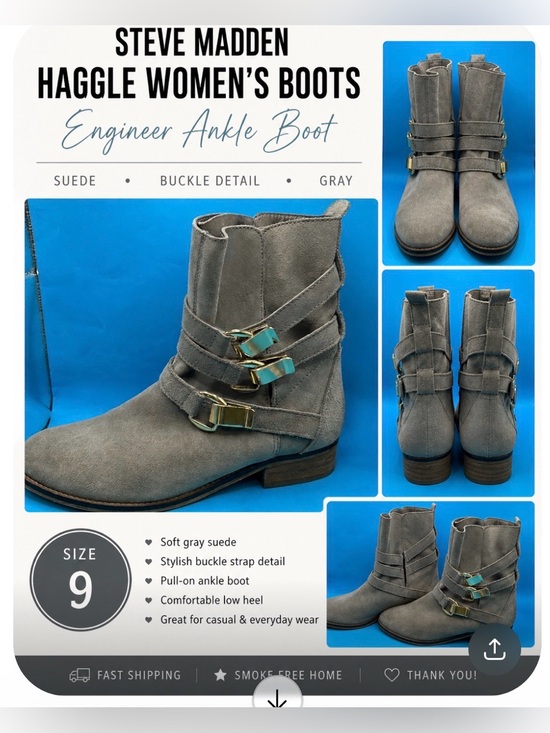 Steve Madden Shoes - Steve Madden Haggle Women's Boots Engineer Ankle Boot Buckle Suede Gray Size 9